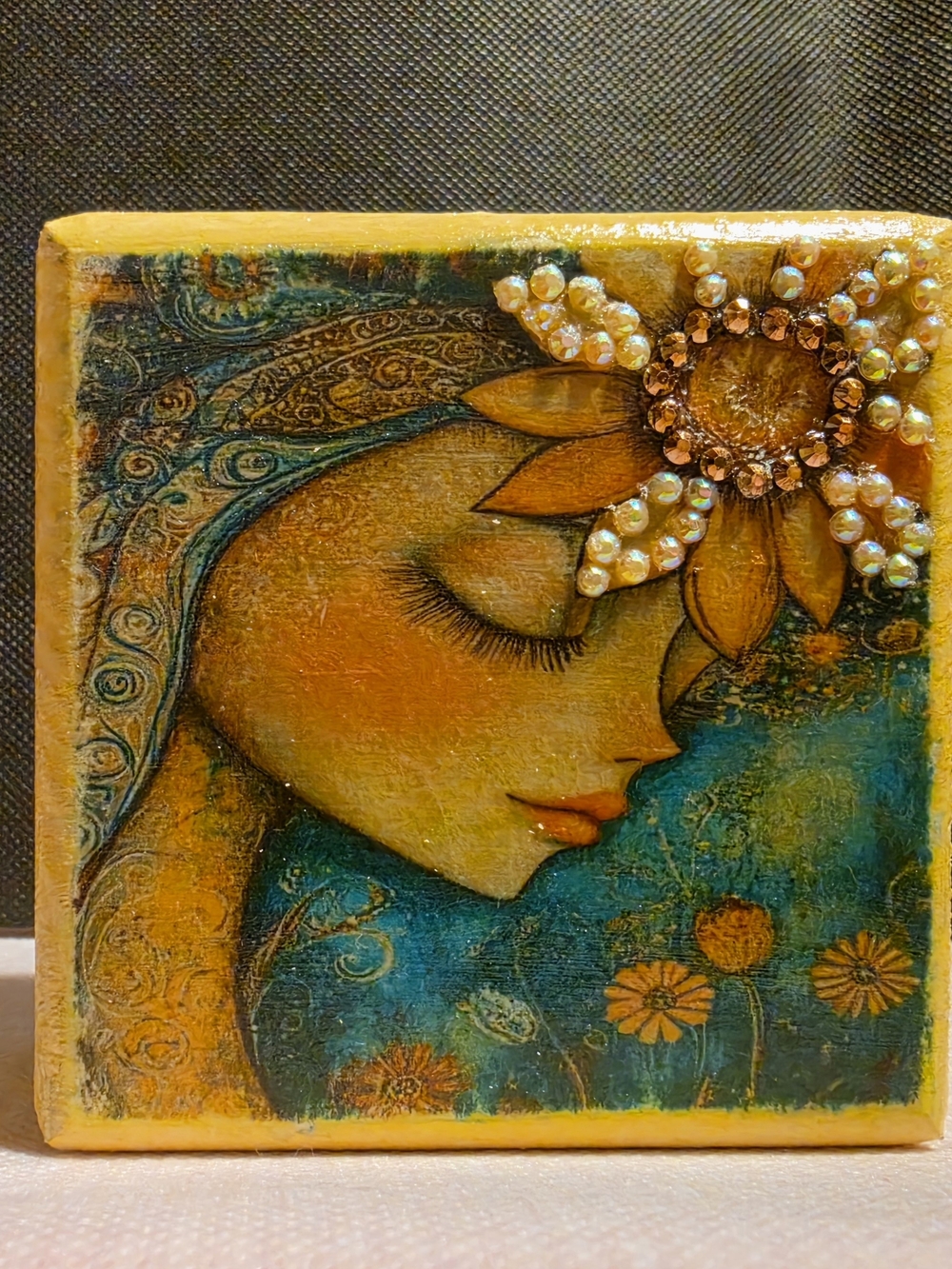 Handcrafted Yellow & Teal Floral Portrait Wooden Desk Art